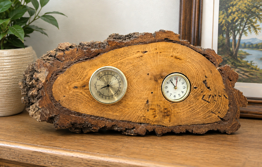 Rustic Wood Slab Wall Clock Thermometer Natural Log Cabin Decor AS IS Untested